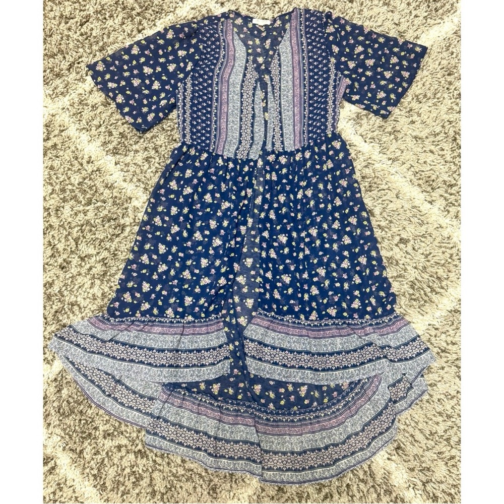 Long Asymmetrical Floral Blue Kimono